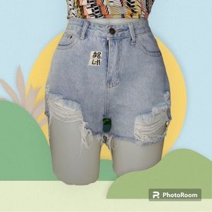 High waist distressed washed denim shorts